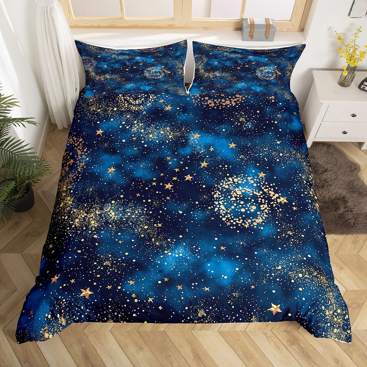 Castle Fairy Blue Galaxy Duvet Cover King Size, Golden Stars Spiral Planets Print Nebula Universe Theme Comforter Cover for Girls Teens Gift, Outer Space Mysterious Style Duvet Set with 2 Pillowcases