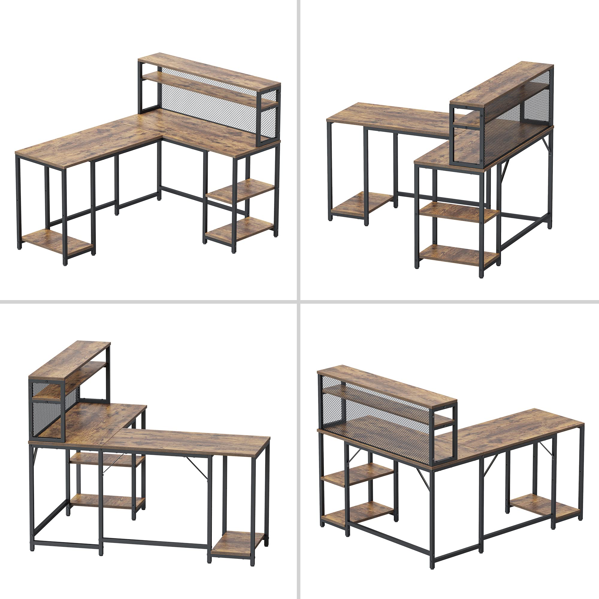 CubiCubi L Shaped Computer Desk with Hutch & Iron Mesh, 59 inch Large Home Office Desk with Storage Shelves, Study Table Writing Desk Workstation, Brown