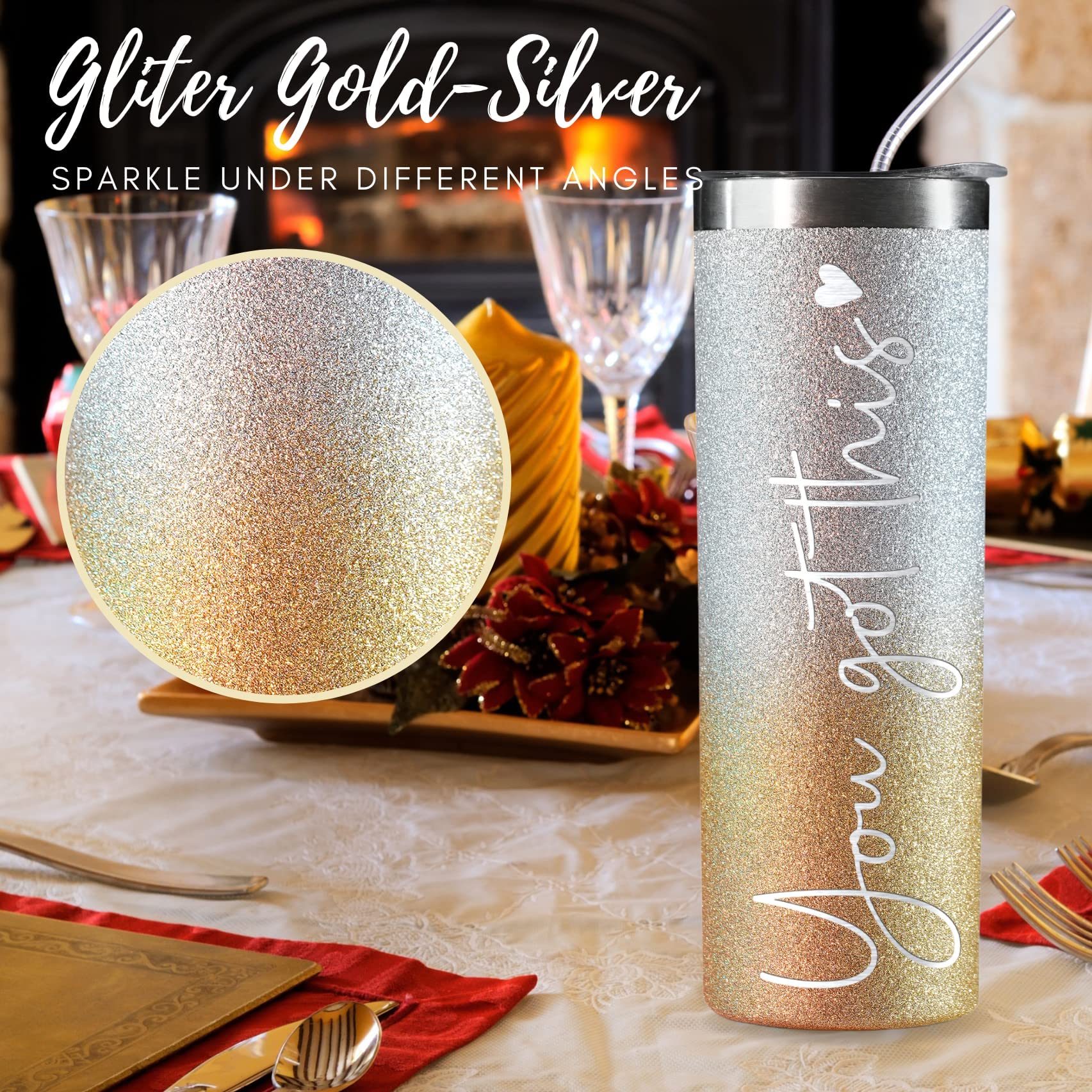 Onebttl Inspirational Gifts for Women, You Got This, Motivational Encouragement Job Promotion Congratulations Gifts for Women, Friends, New Mom, Coworkers, 20Oz Skinny Tumbler， Glitter Gold & Silver