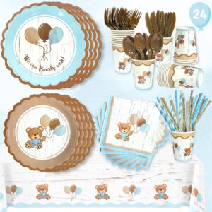 193 pc teddy bear baby shower decorations tableware - we can bearly wait teddy bear plates, cups, napkins, tablecloth, straws, cutlery - serves 24