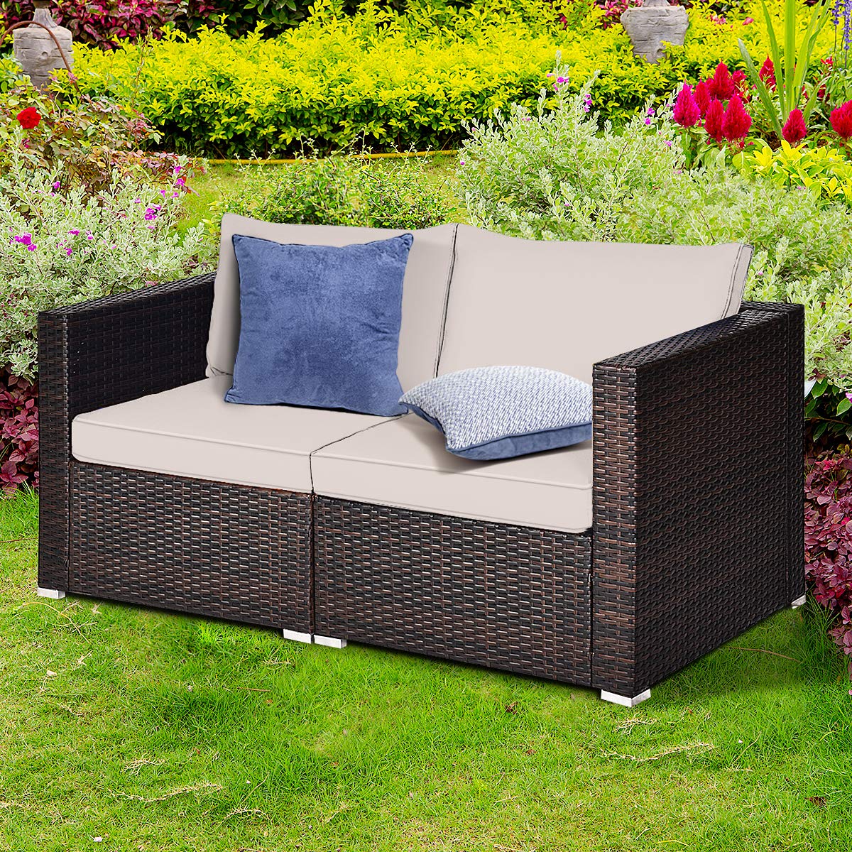 HAPPYGRILL 2 Pieces Patio Sofa Set Rattan Wicker Corner Sofa Set with Zippered Cushions for Backyard Balcony Porch Garden Poolside