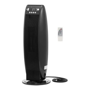 amazon basics oscillating tower heater, with digital display, remote control, timer, over-heat and tip-over protection, room temperature sensor, 2 heat settings, 1500w, black, 8.6"d x 8.6"w x 23"h