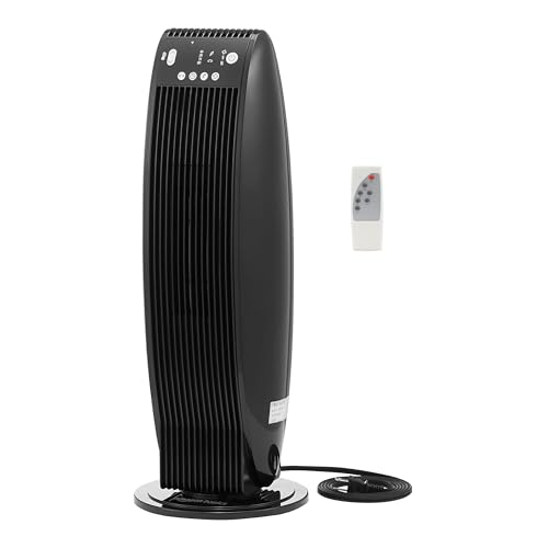 Amazon Basics Oscillating Tower Heater, With Digital Display, Remote Control, Timer, Over-Heat and Tip-Over Protection, Room Temperature Sensor, 2 Heat Settings, 1500W, Black, 8.6"D x 8.6"W x 23"H