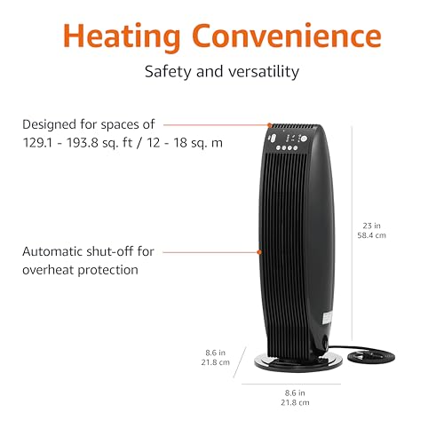 Amazon Basics Oscillating Tower Heater, With Digital Display, Remote Control, Timer, Over-Heat and Tip-Over Protection, Room Temperature Sensor, 2 Heat Settings, 1500W, Black, 8.6"D x 8.6"W x 23"H