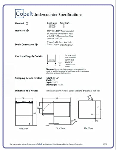 Cobalt 2700HT - High-Temp Undercounter Commercial Dishwasher/Glasswasher Built-in Booster, Built-in Detergent & Rinse Aid Pumps, 24 racks/hr, 208-230V