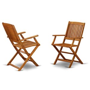 East West Furniture MNCM3CANA Marion 3 Piece Patio Bistro Outdoor Set Contains a Round Acacia Wood Coffee Table and 2 Folding Arm Chairs, 30x30 Inch, Natural Oil