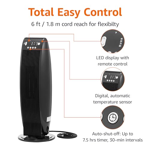 Amazon Basics Oscillating Tower Heater, With Digital Display, Remote Control, Timer, Over-Heat and Tip-Over Protection, Room Temperature Sensor, 2 Heat Settings, 1500W, Black, 8.6"D x 8.6"W x 23"H