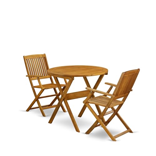 East West Furniture MNCM3CANA Marion 3 Piece Patio Bistro Outdoor Set Contains a Round Acacia Wood Coffee Table and 2 Folding Arm Chairs, 30x30 Inch, Natural Oil