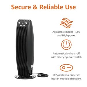 Amazon Basics Oscillating Tower Heater, With Digital Display, Remote Control, Timer, Over-Heat and Tip-Over Protection, Room Temperature Sensor, 2 Heat Settings, 1500W, Black, 8.6"D x 8.6"W x 23"H