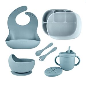 littlesol baby led weaning supplies - complete silicone baby feeding set - includes baby plate, spoon, fork, bib, bowl, water & snack cup - food grade silicone bpa free - dishwasher safe (dusty blue)