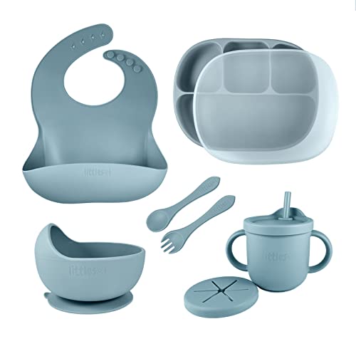 littlesol Baby Led Weaning Supplies - Complete Silicone Baby Feeding Set - Includes Baby Plate, Spoon, Fork, Bib, Bowl, Water & Snack Cup - Food Grade Silicone BPA Free - Dishwasher Safe (Dusty Blue)