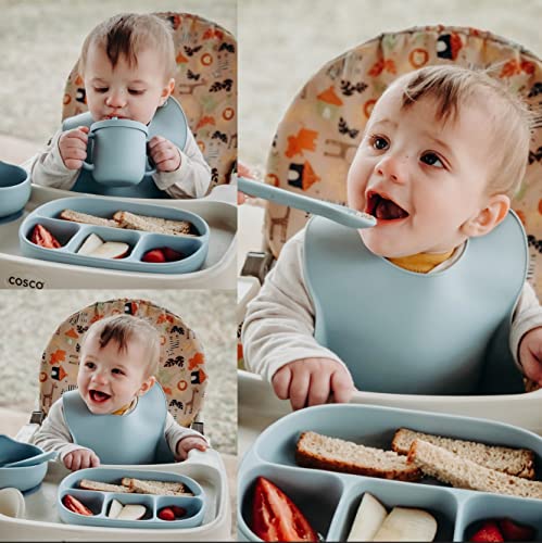 littlesol Baby Led Weaning Supplies - Complete Silicone Baby Feeding Set - Includes Baby Plate, Spoon, Fork, Bib, Bowl, Water & Snack Cup - Food Grade Silicone BPA Free - Dishwasher Safe (Dusty Blue)