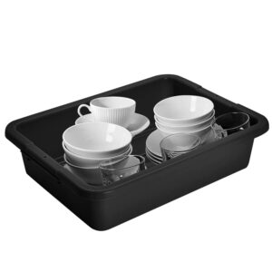 Black Plastic Bus Tub (PACK OF 12) Commercial Tote Box Cross Stack Nest Utility Tote Tub/BUD Box W/O Lid, 20” L x 15” W x 5” H - For Food Service, Airport, Cafeteria, Seafood, Vegetables, Transporting