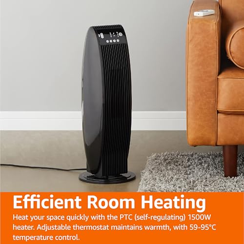 Amazon Basics Oscillating Tower Heater, With Digital Display, Remote Control, Timer, Over-Heat and Tip-Over Protection, Room Temperature Sensor, 2 Heat Settings, 1500W, Black, 8.6"D x 8.6"W x 23"H