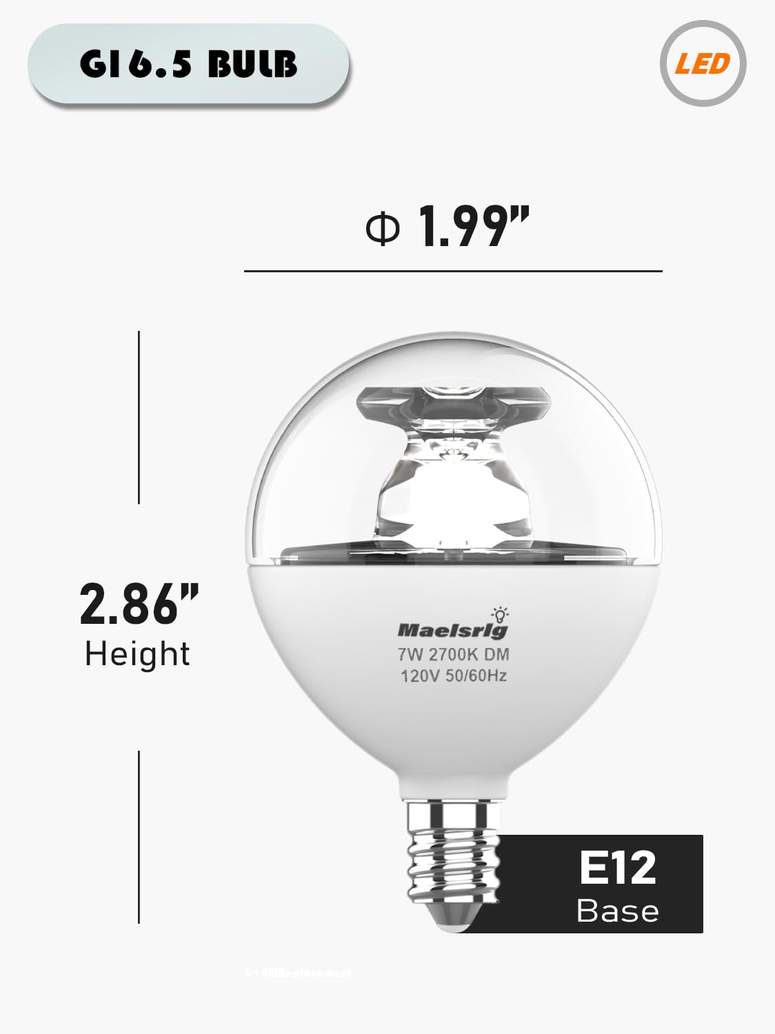 Maelsrlg G16.5 Light Bulb LED, 60W Equivalent, Small Round Light Bulbs, E12 Candelabra Base, Dimmable, Daylight 5000K, 7W 600 Lumens, Type G Light Bulb, Clear Glass, Pack of 4