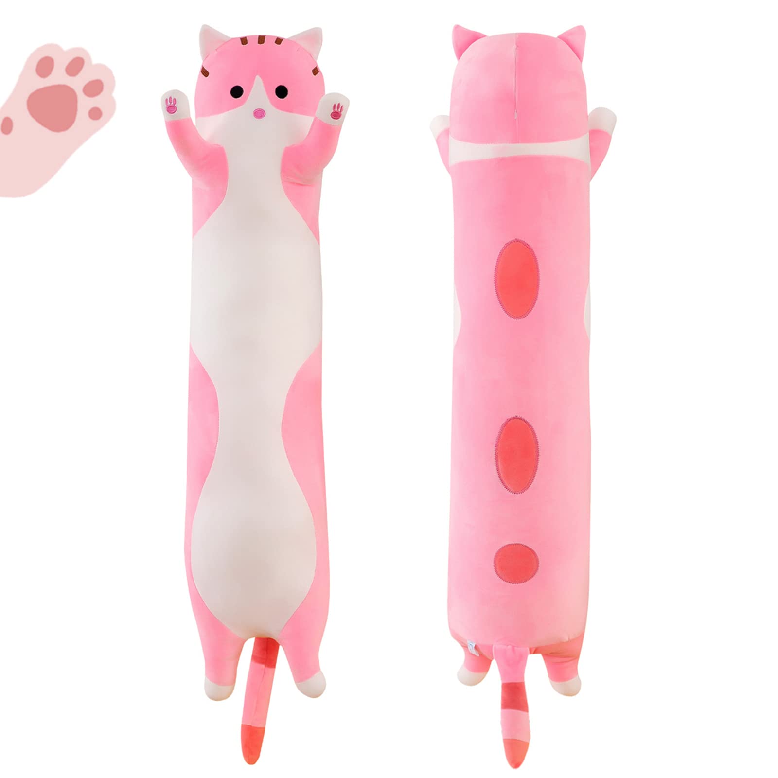 Rexinc Long Pink Cat Plush Pillow Toy Sleeping Pillow Cute Cartoon Cat Stuffed Animals Soft Long Body Pillow Gift for Kids (27.55in)