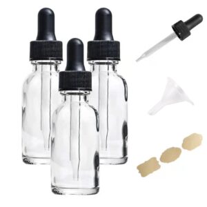 poadool 3 pack 1oz (30ml) clear dropper bottles, tincture bottles with dropper, clear glass boston round bottle with glass eye dropper, 1ml stronger suction.