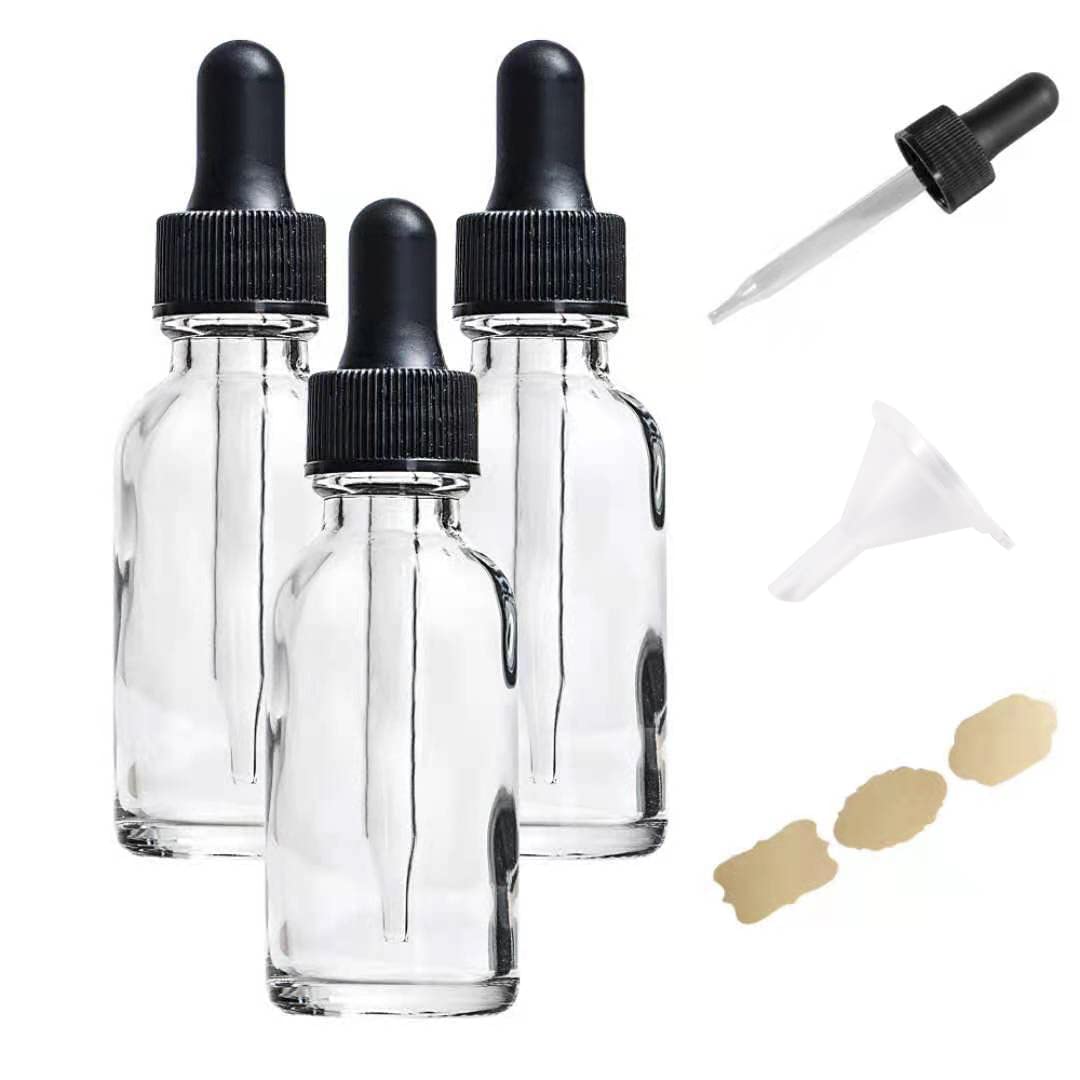 Poadool 3 Pack 1oz (30ml) Clear Dropper Bottles, Tincture Bottles with Dropper, Clear Glass Boston Round Bottle with Glass Eye Dropper, 1ml Stronger Suction.