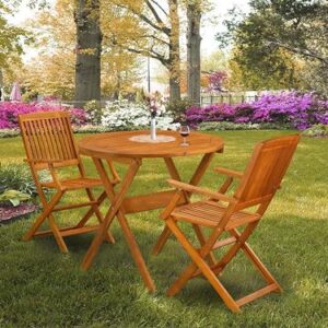 East West Furniture MNCM3CANA Marion 3 Piece Patio Bistro Outdoor Set Contains a Round Acacia Wood Coffee Table and 2 Folding Arm Chairs, 30x30 Inch, Natural Oil