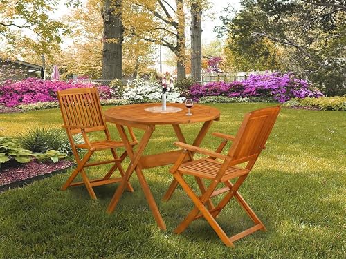 East West Furniture MNCM3CANA Marion 3 Piece Patio Bistro Outdoor Set Contains a Round Acacia Wood Coffee Table and 2 Folding Arm Chairs, 30x30 Inch, Natural Oil