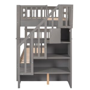 Harper & Bright Designs Twin Bunk Beds, Twin Over Twin Bunk Bed with Stairs and Storage, Low Bunk Beds Twin Over Twin for Kids Girls Boys, Grey