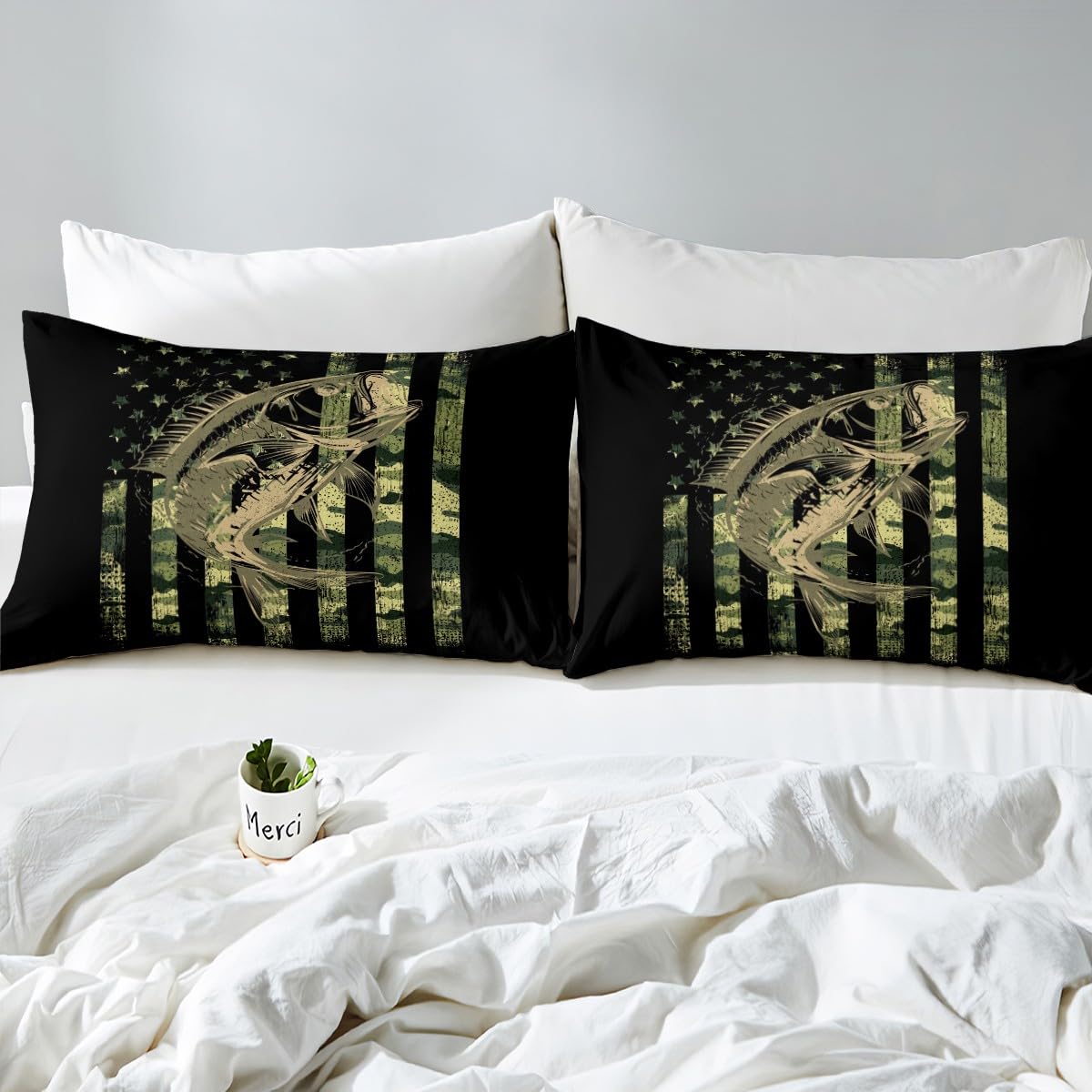 Bass Fish Camouflage Bedding Set Full Pike Fish Camo Duvet Cover for Women Men Room Kids Farmhouse Fishing Decor Comforter Cover Set Fishman Wild Bedspread Cover 3Pcs Zipper Green Black Full Size