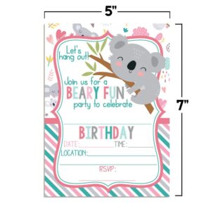 Let's Hang Out Cute Koala Bear Themed Birthday Party Invitations for Kids, 20 5x7 Fill In Cards with Twenty White Envelopes by AmandaCreation