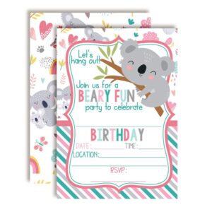 let's hang out cute koala bear themed birthday party invitations for kids, 20 5x7 fill in cards with twenty white envelopes by amandacreation