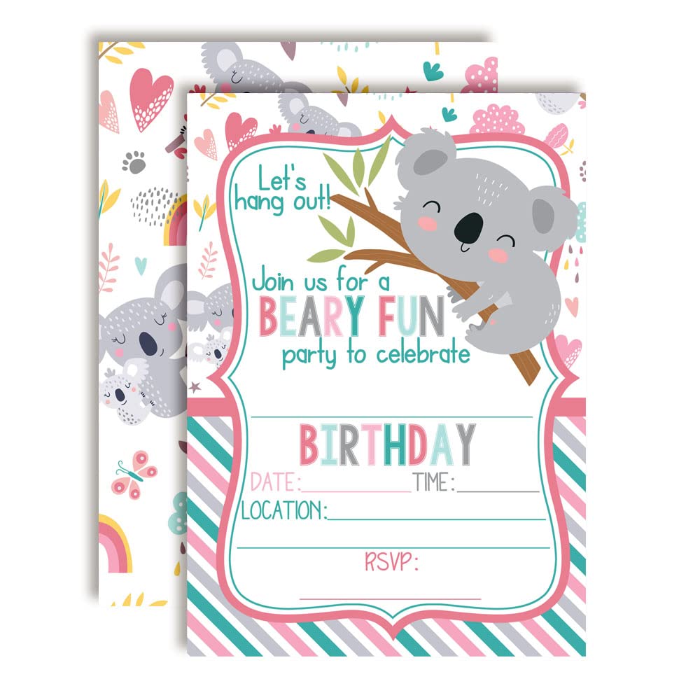 Let's Hang Out Cute Koala Bear Themed Birthday Party Invitations for Kids, 20 5x7 Fill In Cards with Twenty White Envelopes by AmandaCreation