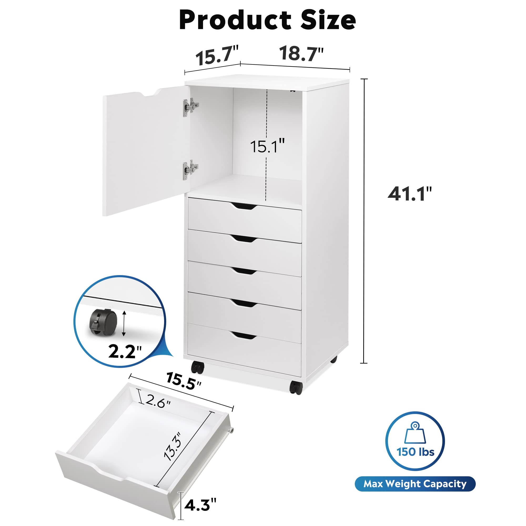 DEVAISE 5-Drawer Wood Dresser with Top Cabinet Storage, Mobile Chest of Drawers, Wide Storage Space for Home Office, White