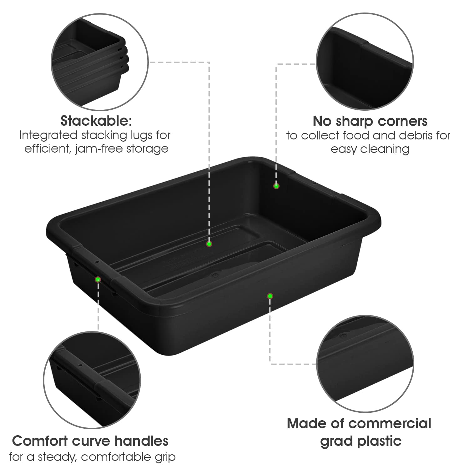 Black Plastic Bus Tub (PACK OF 12) Commercial Tote Box Cross Stack Nest Utility Tote Tub/BUD Box W/O Lid, 20” L x 15” W x 5” H - For Food Service, Airport, Cafeteria, Seafood, Vegetables, Transporting