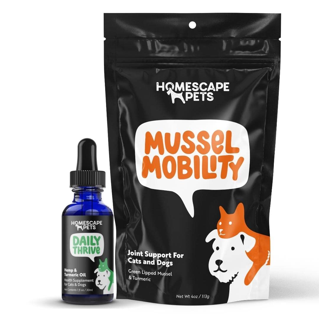 Homescape Pets Bundle - Mussel Mobility + Daily Thrive Pet Supplements for Arthritis, Hip and Joint Mobility and Help Calm Aches & Improve Immunity - for Dogs and Cats