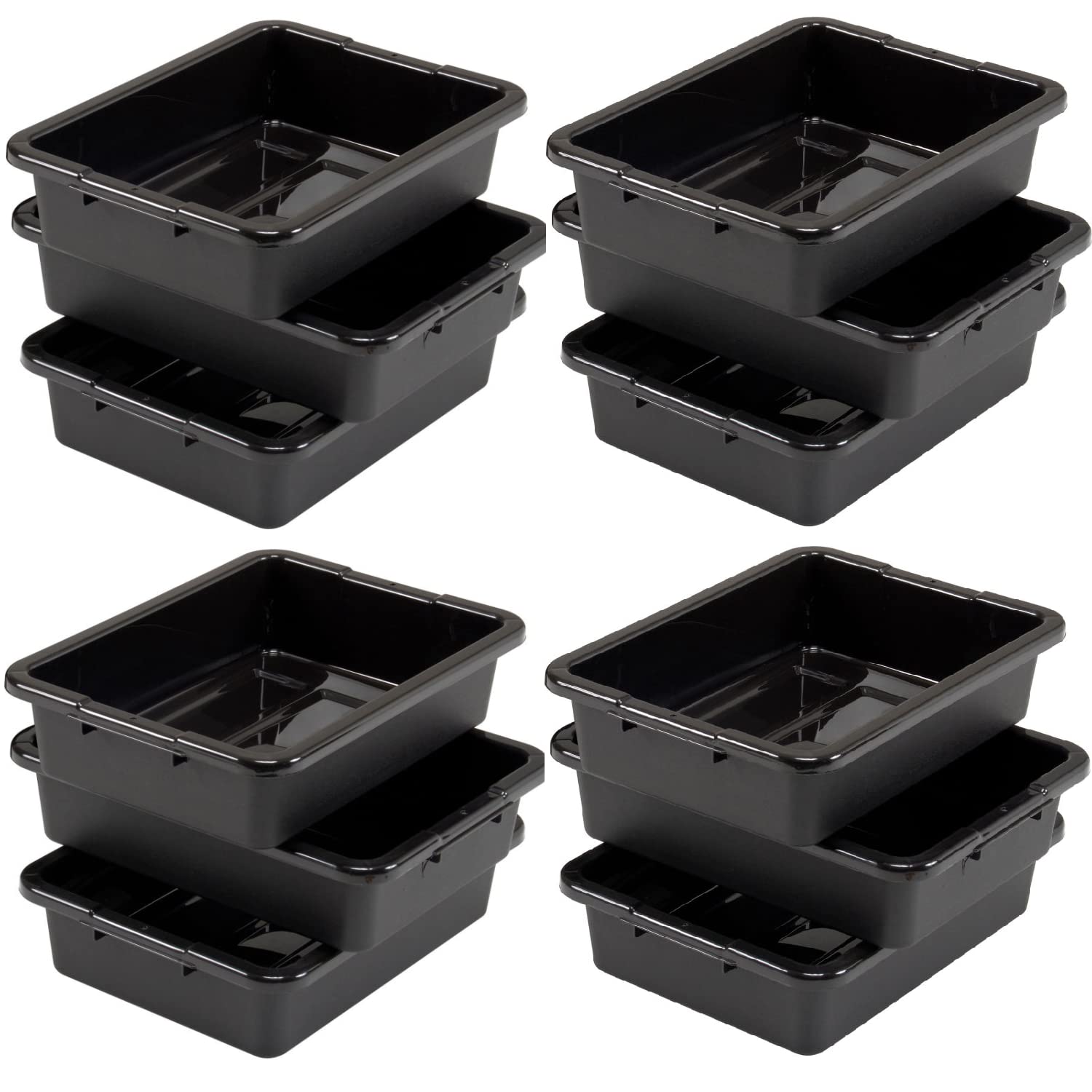 Black Plastic Bus Tub (PACK OF 12) Commercial Tote Box Cross Stack Nest Utility Tote Tub/BUD Box W/O Lid, 20” L x 15” W x 5” H - For Food Service, Airport, Cafeteria, Seafood, Vegetables, Transporting