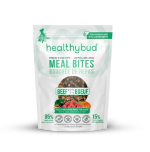 healthybud raw dog food, freeze dried beef bites, grain free puppy food, human grade, high protein, dehydrated real meat dog treats & toppers, 14.1 oz