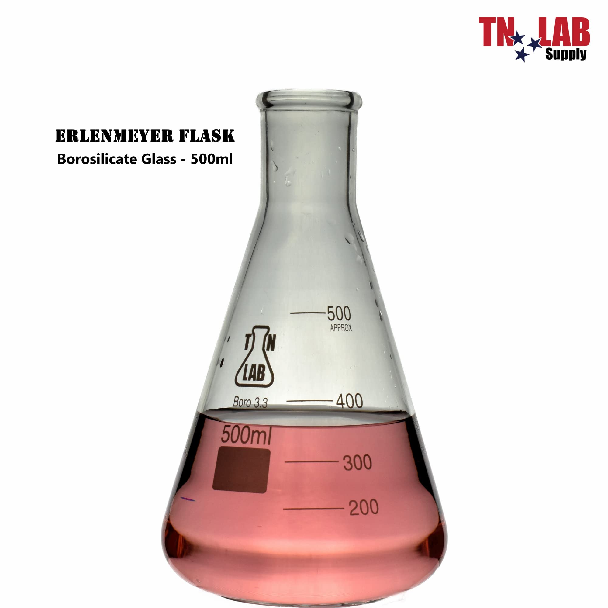 TN Lab Erlenmeyer Conical Borosilicate Glass Flask 500ml with Rubber Stopper