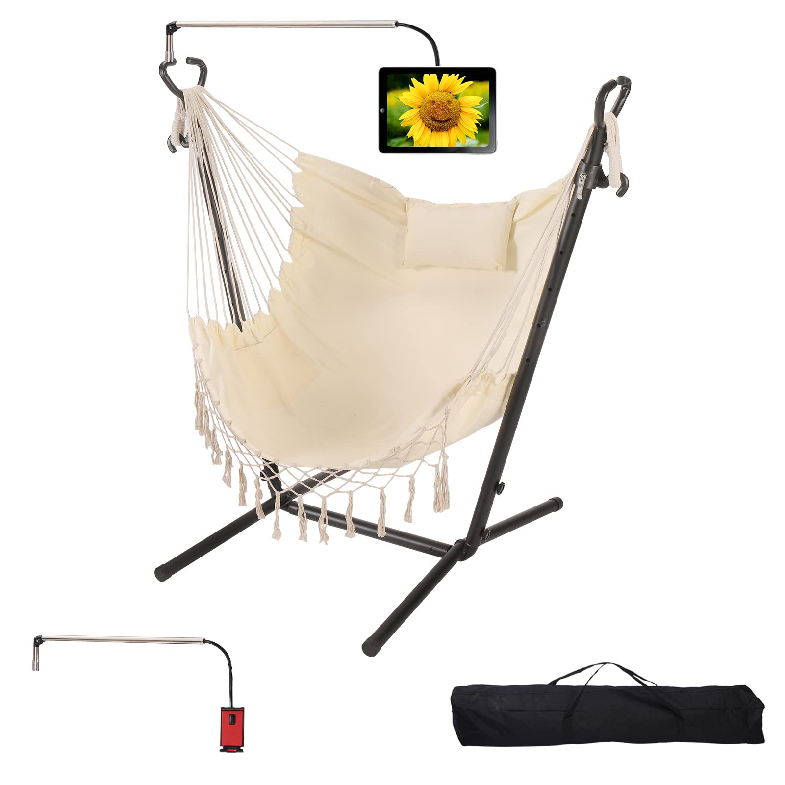 Hammock with Stand Phone Holder Included Double Hanging Chair Macrame Boho Handmade Adjustable Swing Indoor Outdoor Patio Yard Garden Porch 400lbs Capacity (2022 White)