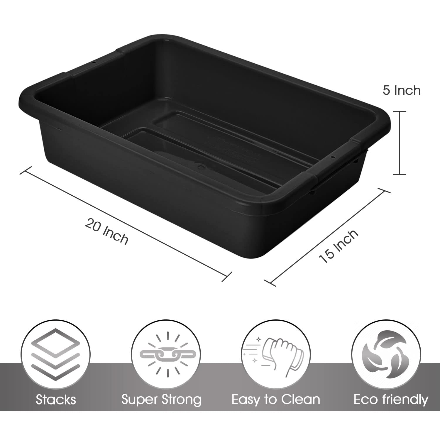 Black Plastic Bus Tub (PACK OF 12) Commercial Tote Box Cross Stack Nest Utility Tote Tub/BUD Box W/O Lid, 20” L x 15” W x 5” H - For Food Service, Airport, Cafeteria, Seafood, Vegetables, Transporting