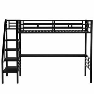 Harper & Bright Designs Metal Twin Loft Bed with Desk, Twin Size Loft Bed with Stairs and Workstation Desk for Kids Teens, Space Saving Metal Loft Bed Frame,No Box Spring Needed, Black