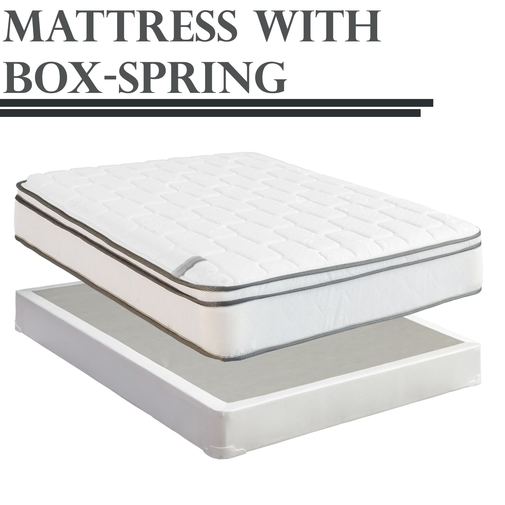 Spring Solution, 10-Inch Meduim Plush Eurotop Pillowtop Innerspring Mattress & 8" Wood Box Spring Set, Queen