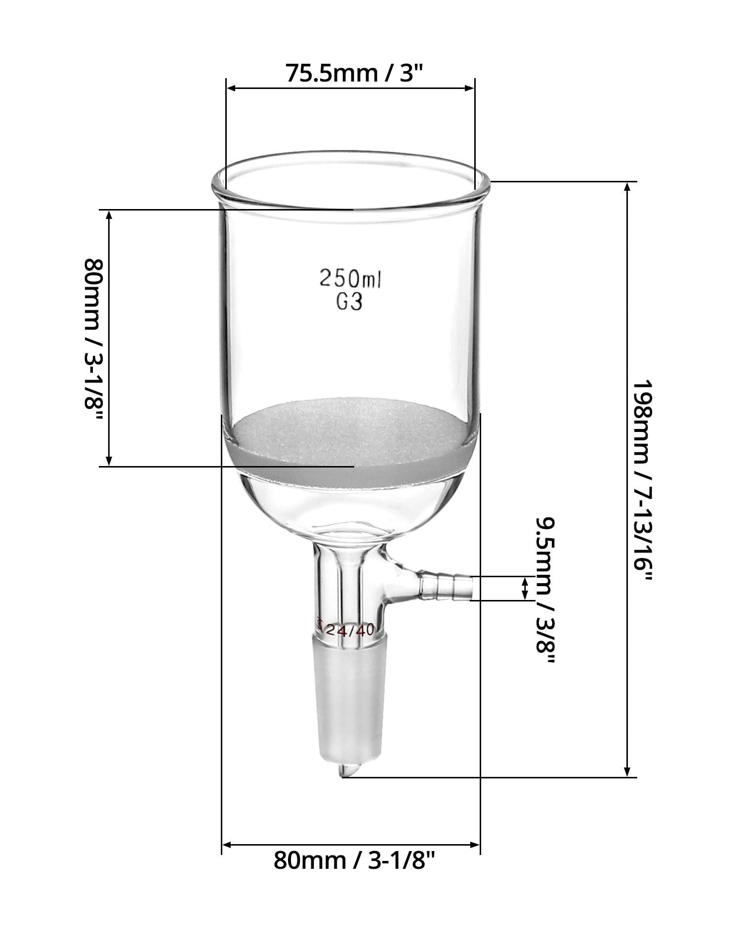 QWORK 250ml Buchner Funnel, Borosilicate Glass Buchner Filtering Funnel with 24/40 Standard Taper Inner Joint, Medium Frit (G3) Lab Glassware with Vacuum Serrated Tubulation