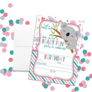 Let's Hang Out Cute Koala Bear Themed Birthday Party Invitations for Kids, 20 5x7 Fill In Cards with Twenty White Envelopes by AmandaCreation