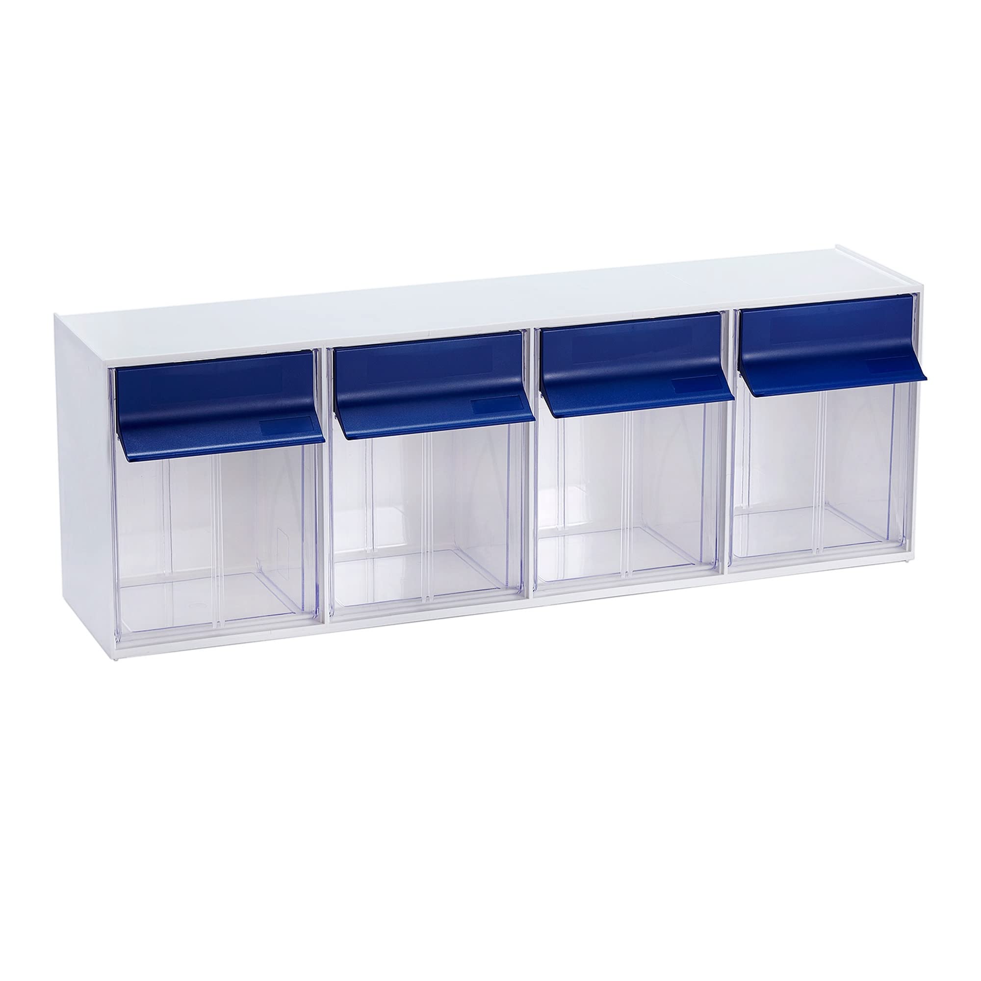 Ideal BNZ Tilt Bins, Plastic Pull Out Storage Bins, Stackable Organizer, Storage Containers with Drawers (Fastener Storage, Bead Storage Drawers), 4 Bins, White/Blue