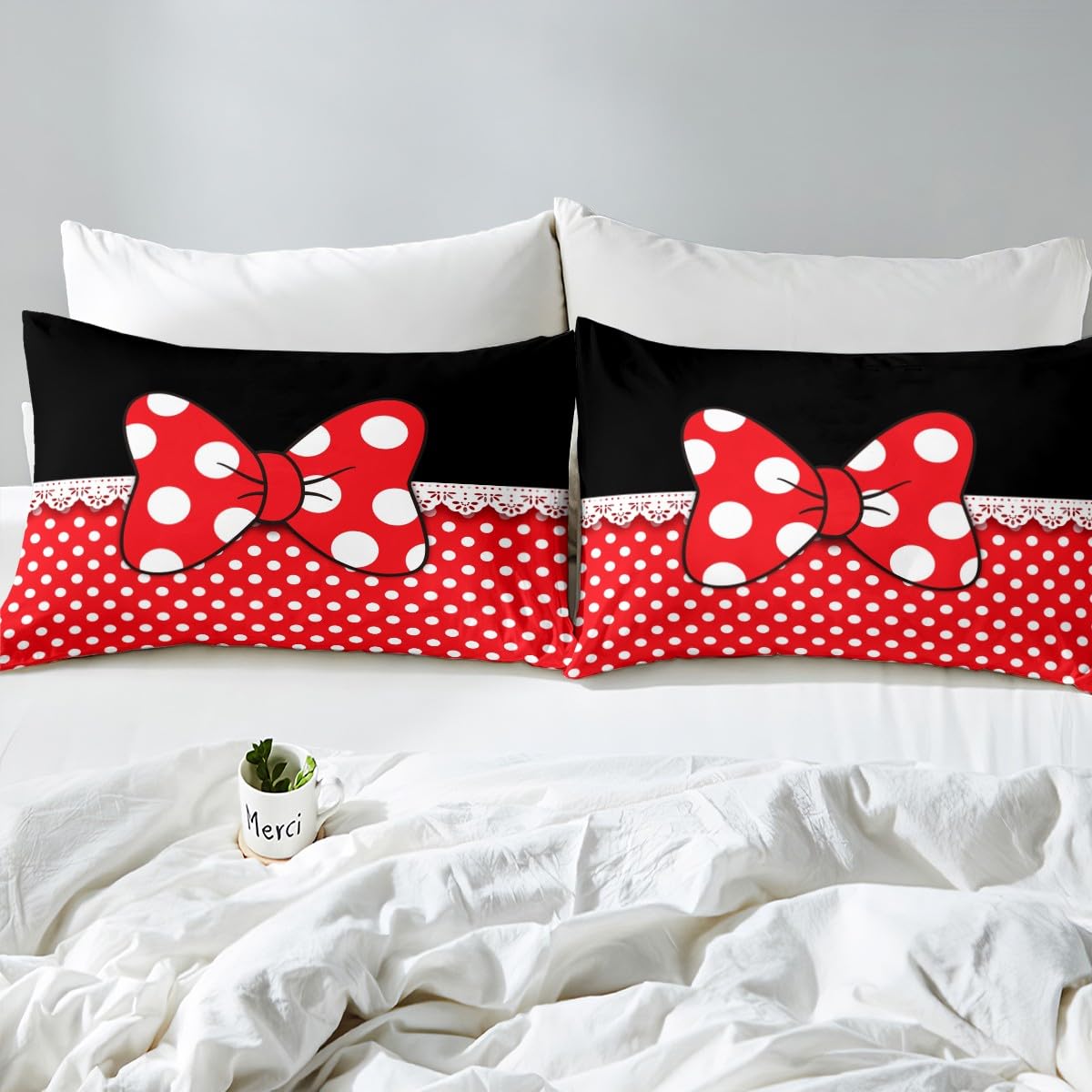 Homewish Bowknot Comforter Set Twin Size,White Dots Bedding Set 2pcs for Kids Teens Girls Boys Room Decor,Romantic Princess Style Quilt Set Red and Black Duvet Insert with 1 Pillowcase