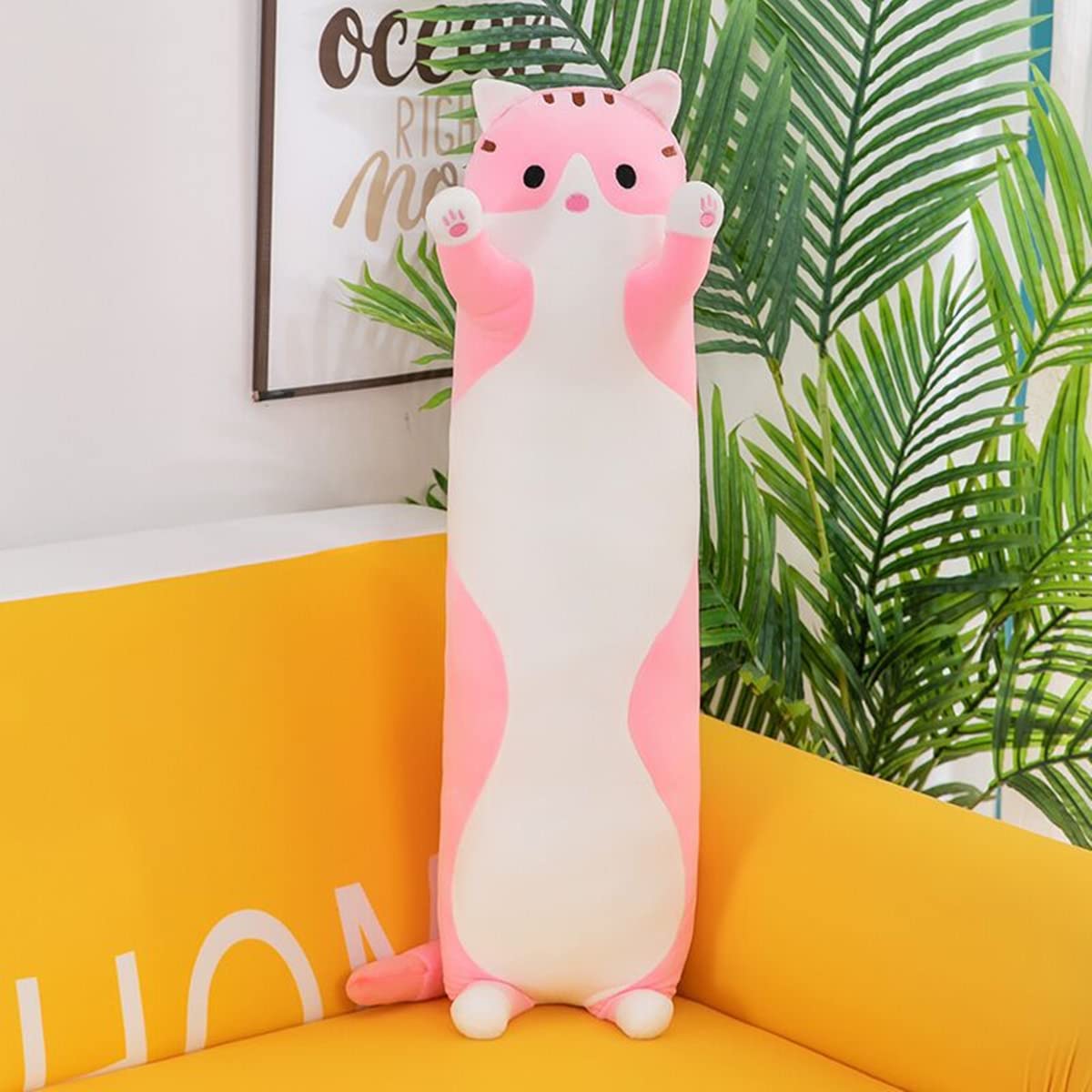 Rexinc Long Pink Cat Plush Pillow Toy Sleeping Pillow Cute Cartoon Cat Stuffed Animals Soft Long Body Pillow Gift for Kids (27.55in)