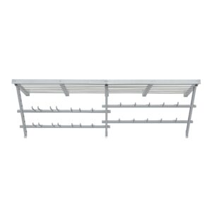 Garage Essentials 220861 64 Inch Wide Wall Mounted Utility Storage Organization Rack with 20 Inch Deep Top Shelf and 18 Hooks, White