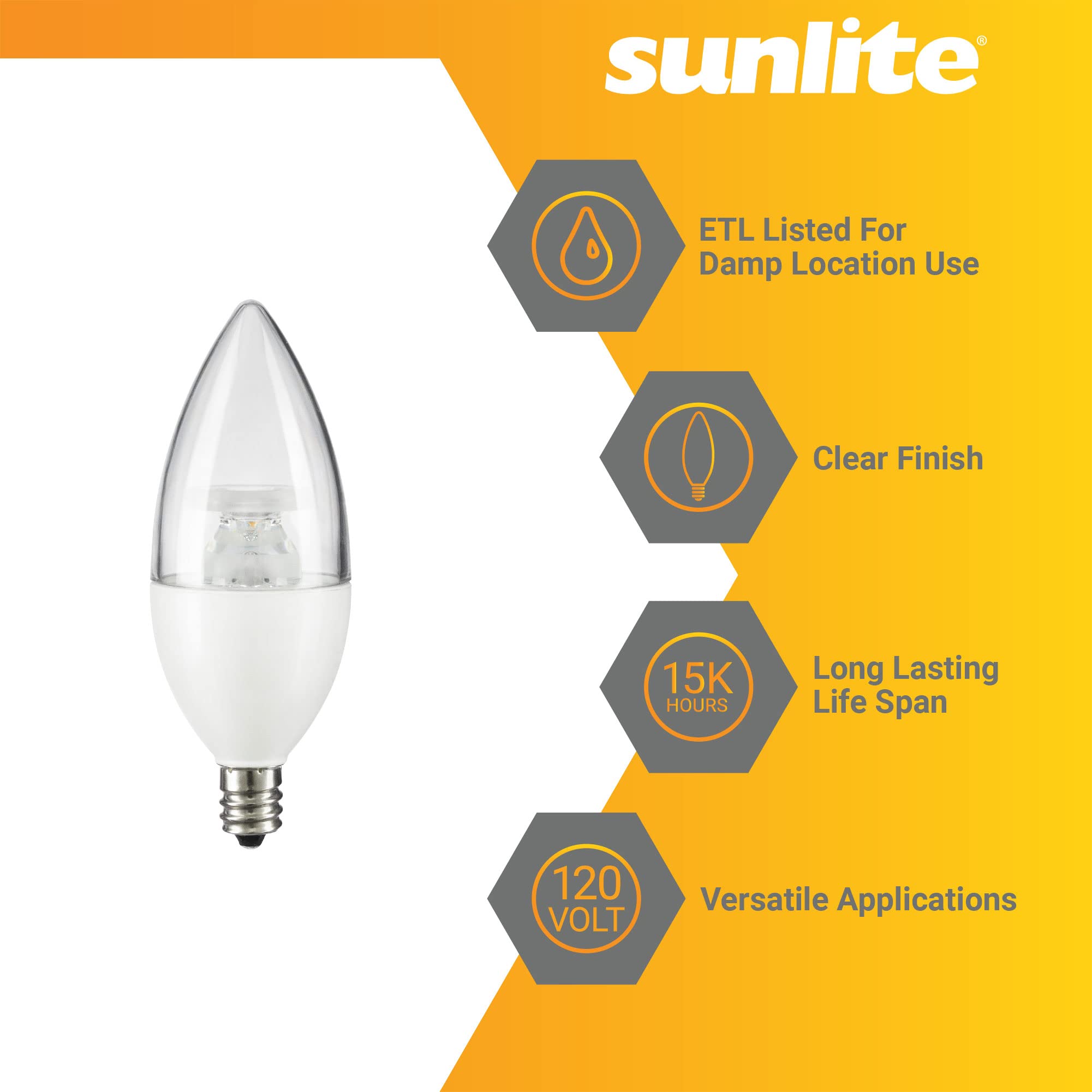 Sunlite 41637 LED B11 Clear Torpedo Tip Chandelier Light Bulb, 4.5 Watts (40W Equivalent) 300 Lumens, Candelabra E12 Base, Dimmable Energy Star and ETL Certified, 3000K Warm White, 6 Count