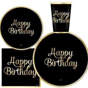 30 Guest Black and Gold Happy Birthday Gold Foil include Complete Party Pack 9" Dinner Paper Plates 7" Dessert Paper Plates 12 oz Cups 3 Ply Napkins Party Supplies