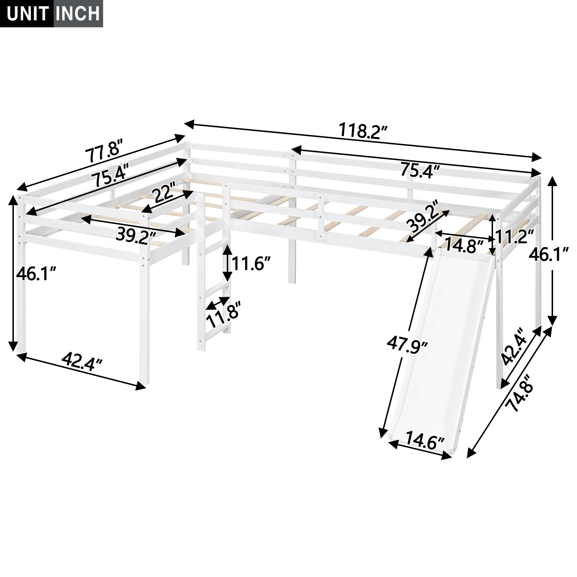 Harper & Bright Designs Twin Loft Bed for Kids, L-Shape Loft Beds with Slide, Low Loft Bed Frame Corner Bunk Bed for Kids, Wooden Loft Bed for Girls Boys Teens (New, White)