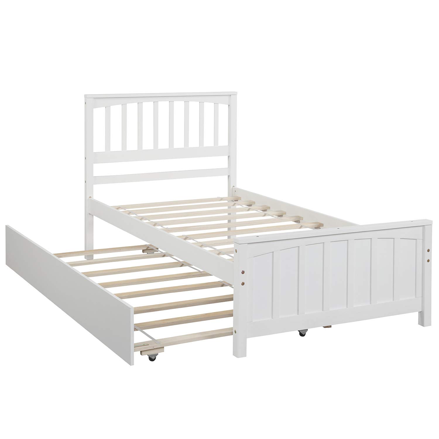 MERITLINE Kids Twin Bed with Trundle, Platform Bed Trundle Twin Bed with Headboard and Footboard for Girls Boys, No Need Box Spring, White