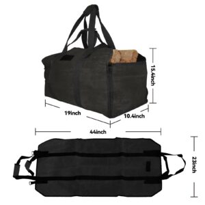 Cupohus Extra Large 2in1 Firewood Carrier Waxed Canvas Bag 44”x23”, Heavy Duty Log Holder Tote Bag with Handles and Shoulder Strap for Indoor Fireplace Wood Stove Accessories, Outdoor Camping (Black)